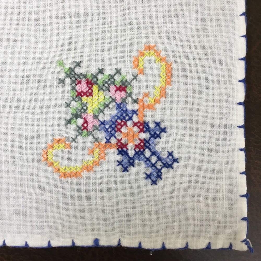 2 Vintage Hand Embroidered Ladies Hankies Handmade Handkerchiefs Cross Stitch